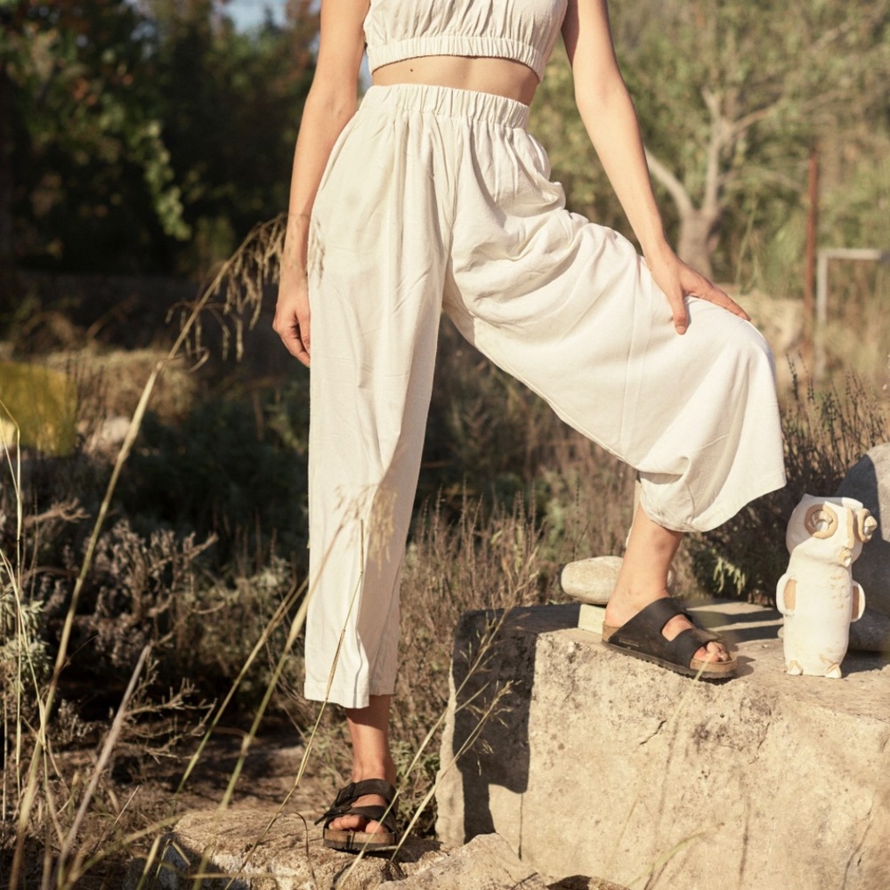 OZMA Natural Raw Silk Crop Wide Leg Pant
